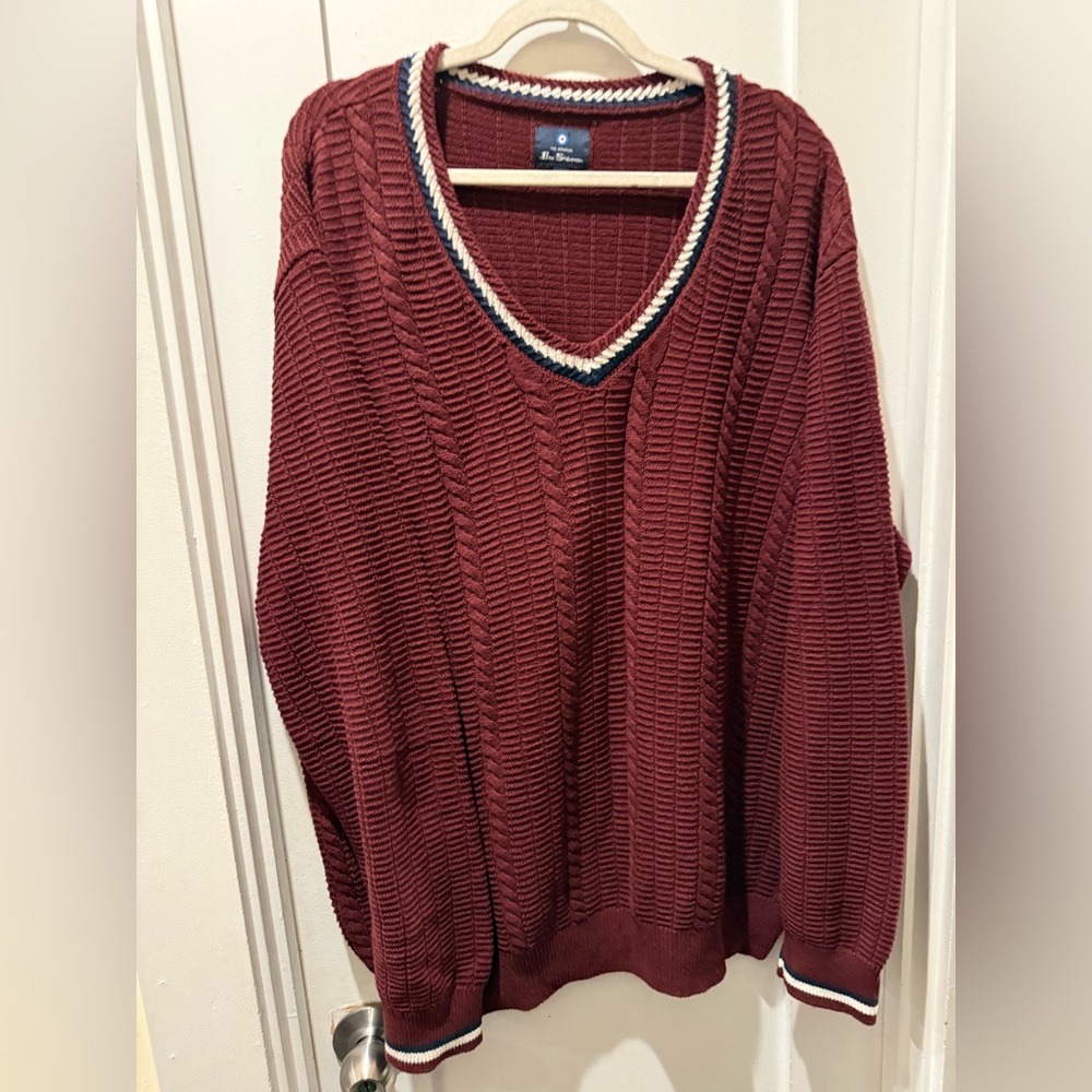 Ben Sherman Burgundy V-Neck Sweater with Contrast Trim